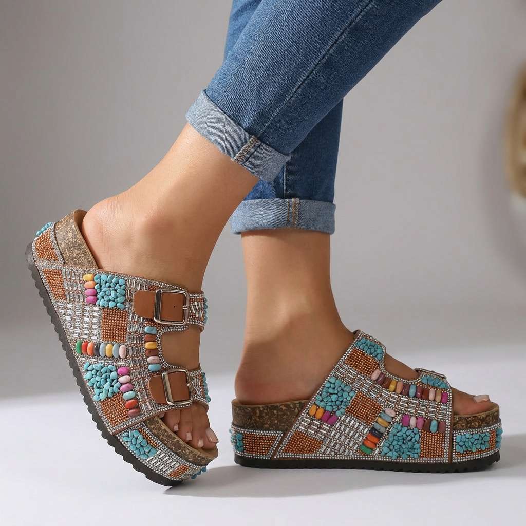 Samantha Beaded Platform Slides  - By Qivii