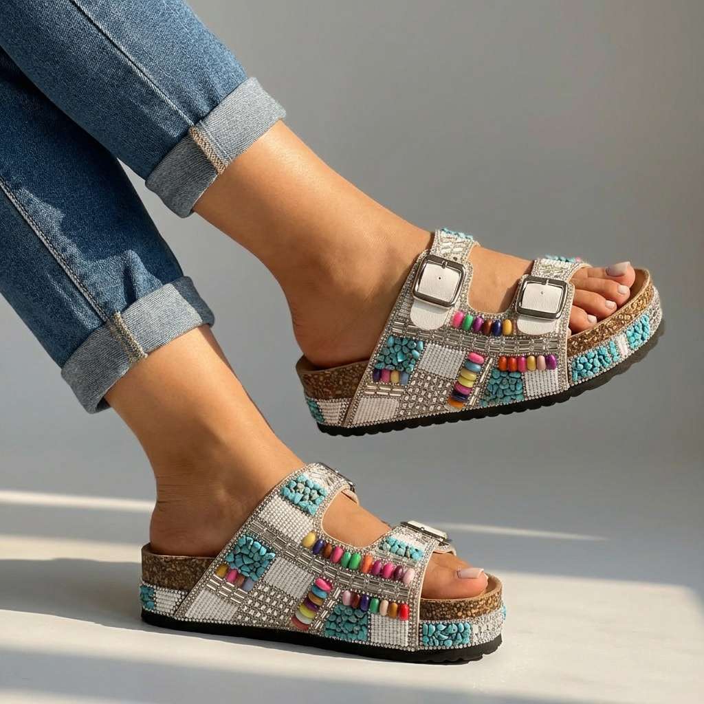 Samantha Beaded Platform Slides  - By Qivii