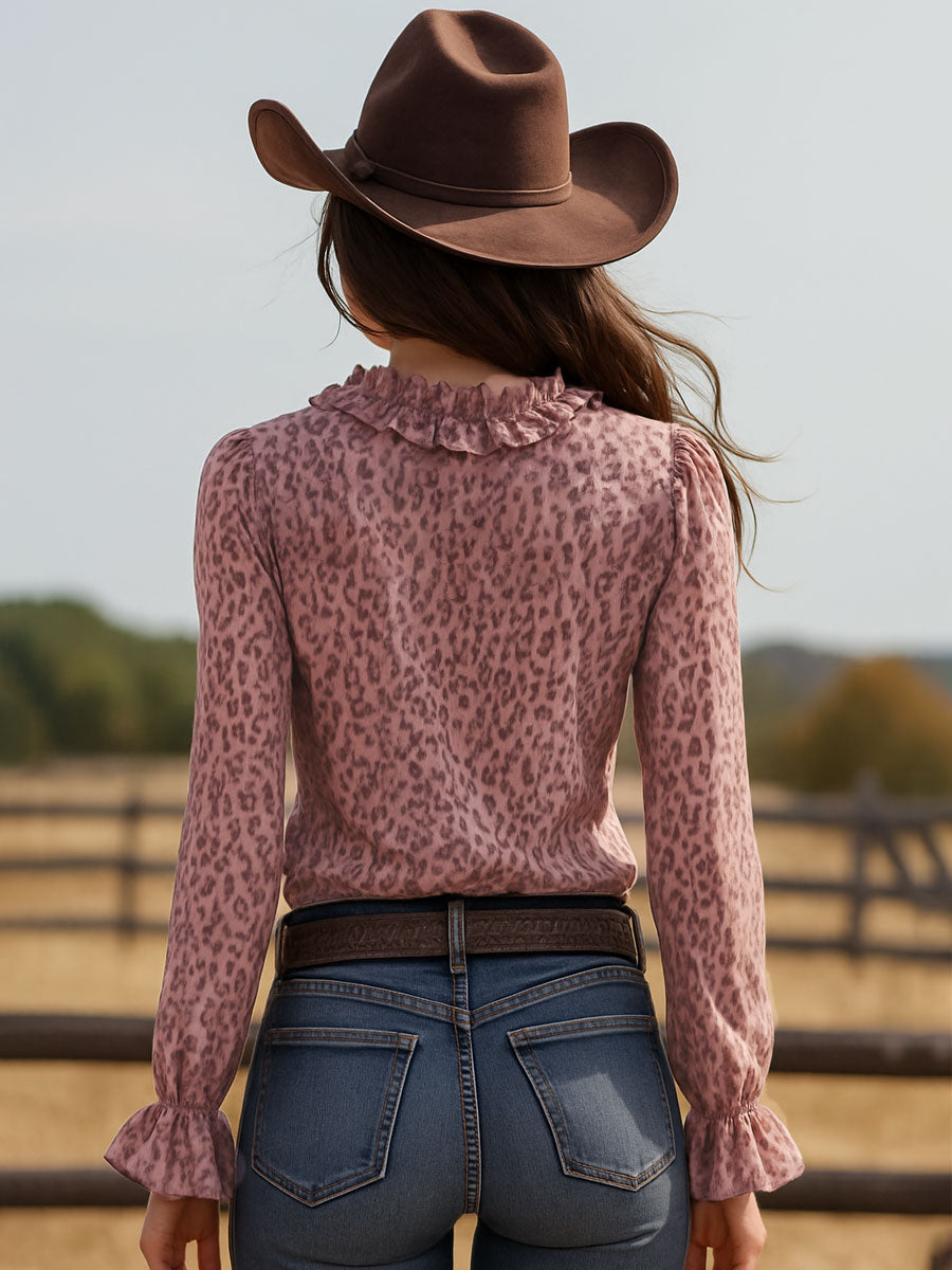 Pink Leopard Chiffon With Ruffled Lace V-neck Long-sleeved Shirt  - By Qivii