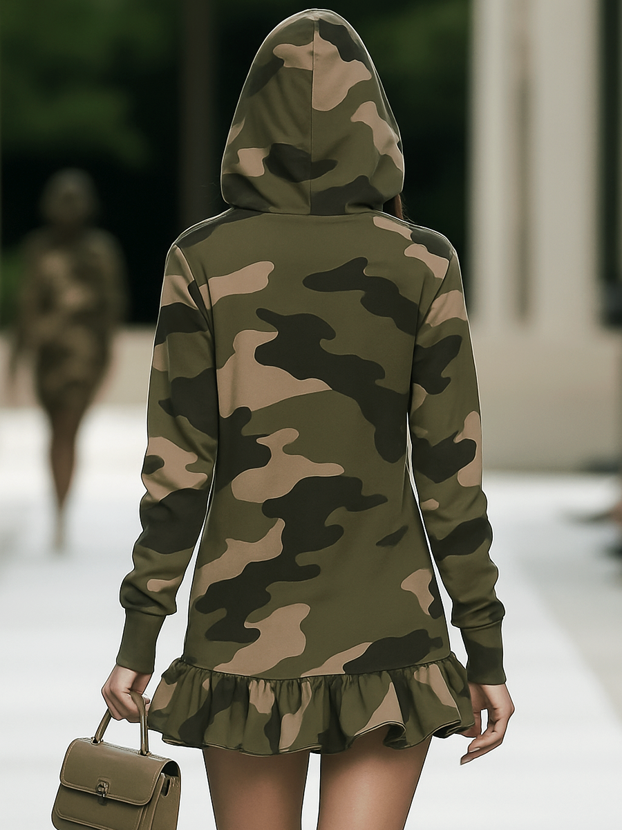 Camouflage Ruffle Long Sleeve Hooded Mini Dress  - By Qivii