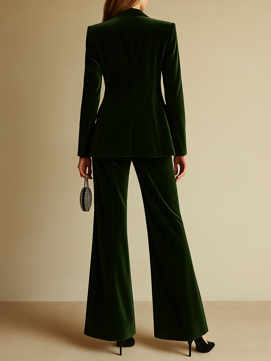 High-End Temperament Loose Retro Green Velvet Suit  - By Qivii