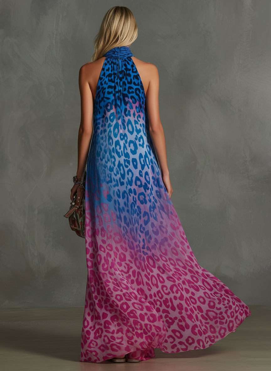 Gradient Leopard Print Chiffon High-neck Sleeveless Maxi Dress  - By Qivii