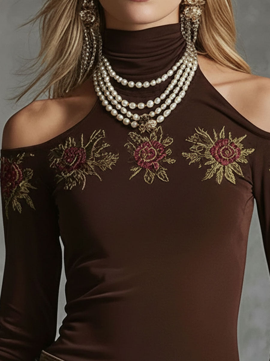 High-neckoff-shoulder Rose-embroidered All-cotton Long-sleeved T-shirt  - By Qivii