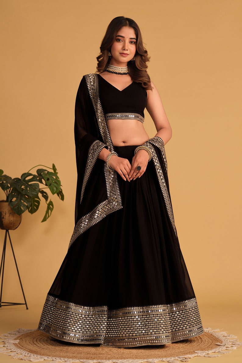 strapless open back dress Indian Designer Black Lehenga Choli in Georgette With Sequins Zari  Embroidered Work Wedding Lehenga Party Wear Lehenga for women Black Dress