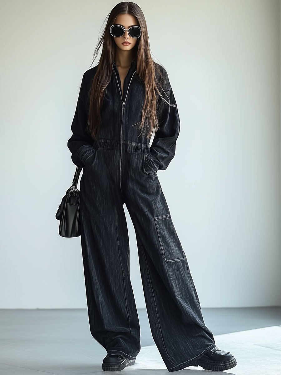 Casual Loose Retro Denim Zipper Elastic Waist Lapel Long Sleeve Jumpsuit - By Qivii