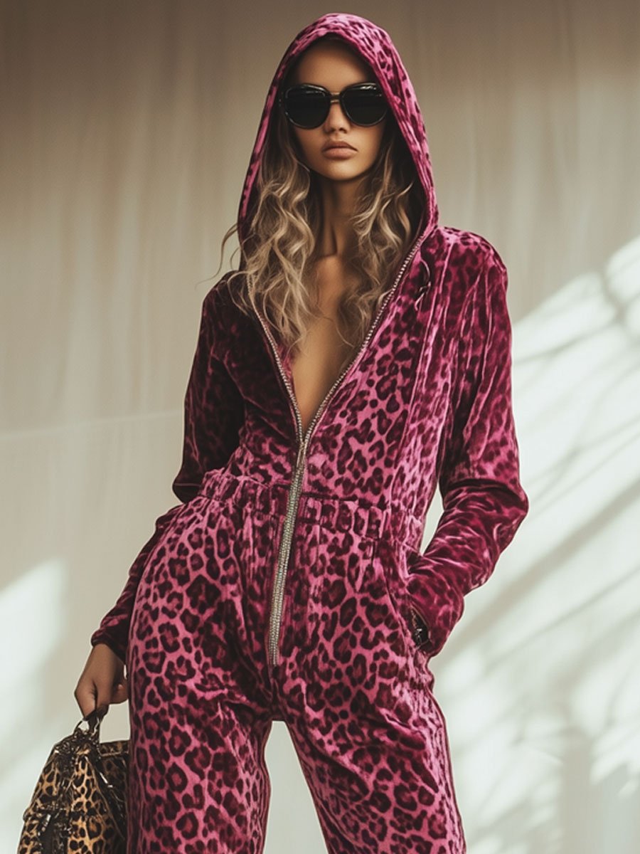 Casual Loose Retro Pink Velvet Leopard Print Elastic Waist Zipper Hooded Jumpsuit  - By Qivii