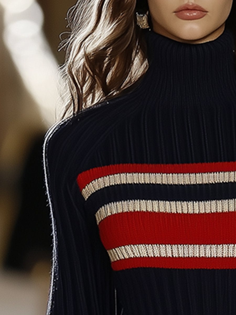Retro French Elegant Fashionable High Collar Red And White Striped Dress  - By Qivii