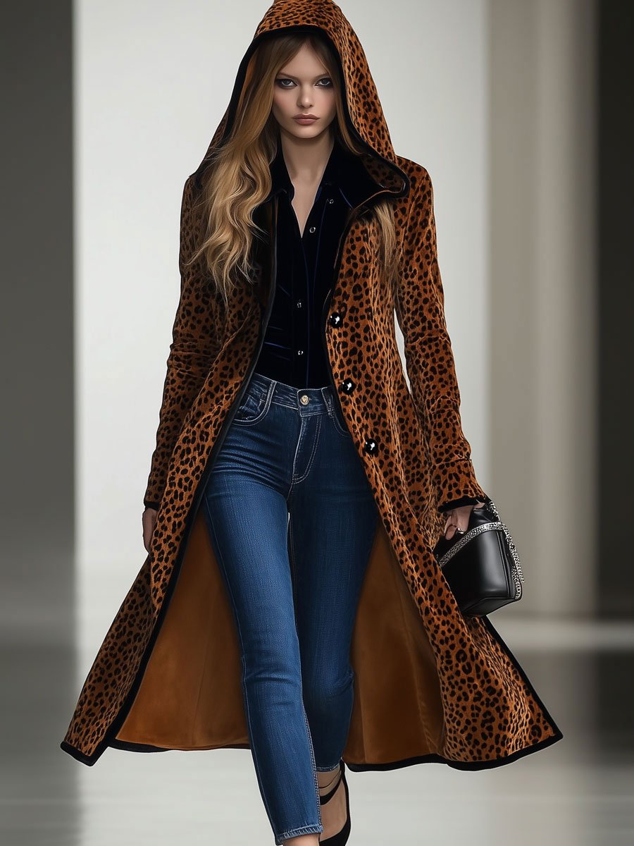 Casual Loose Vintage Velvet Leopard Print Black Trim Hooded Long Coat - By Qivii