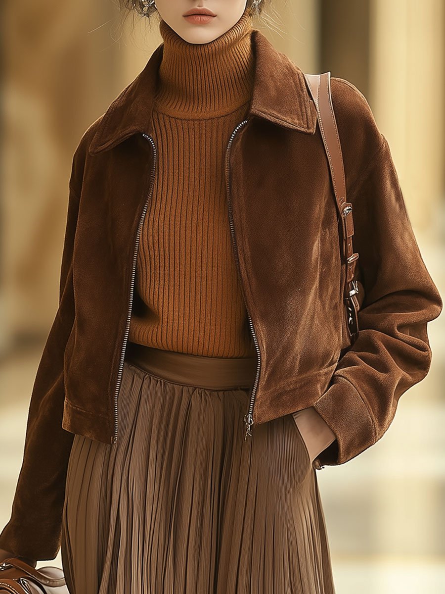 Casual Loose Solid Color Suede Zipper Pocket Short Jacket - By Qivii