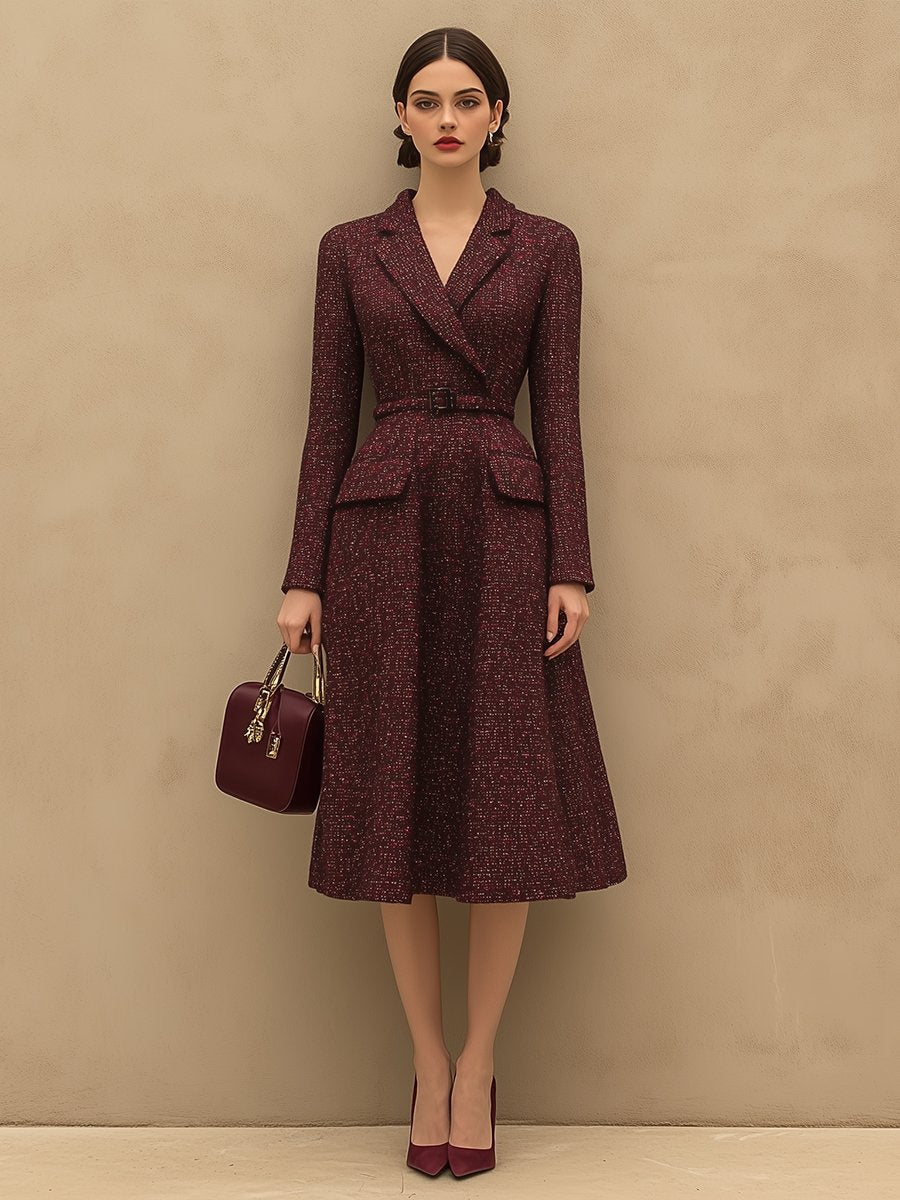 Vintage Elegant Ankola Red Tweed Lapel Dress - By Qivii