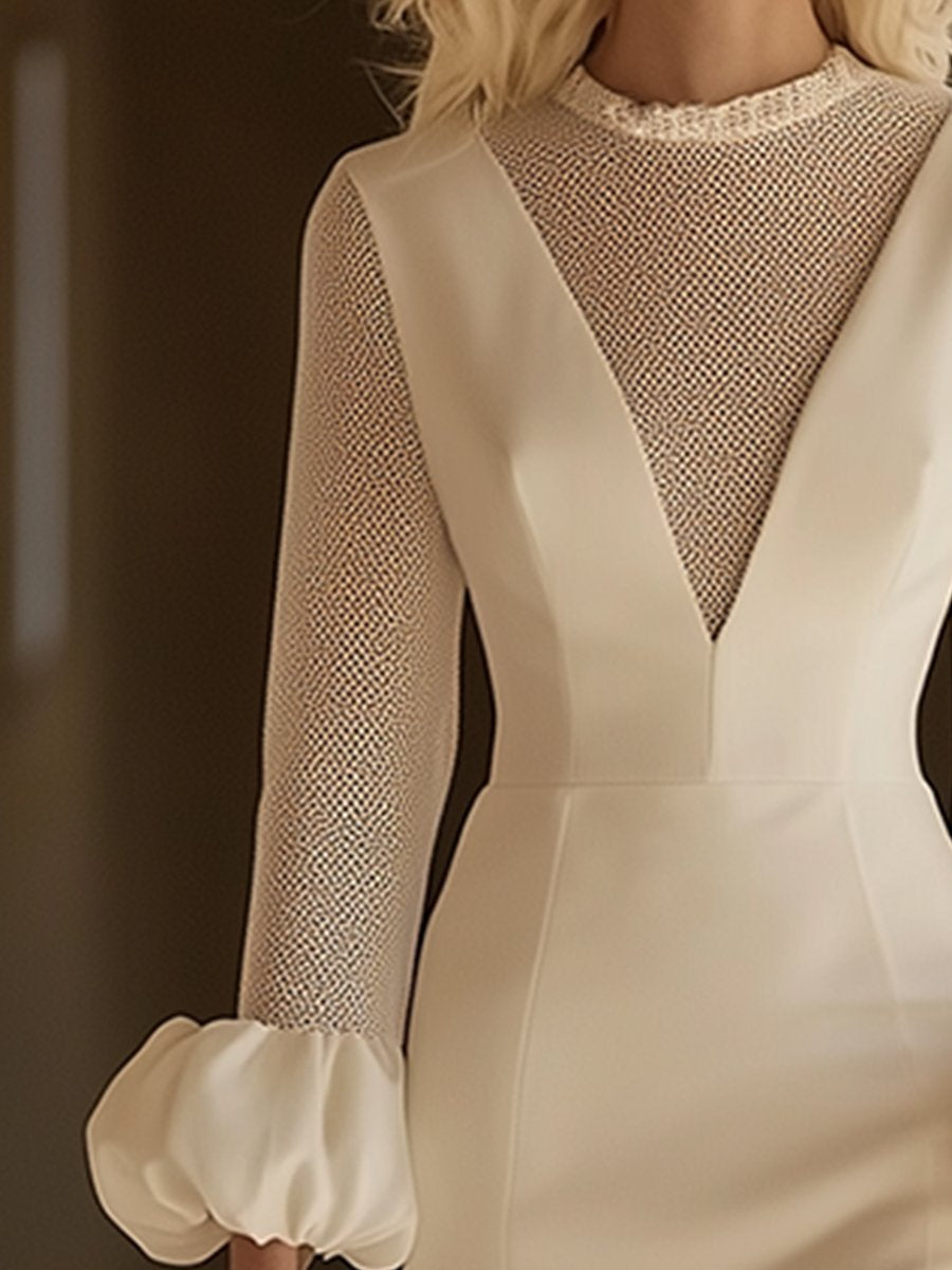 Elegant Classic Splicing Mesh Puff Sleeve Midi Dress - By Qivii