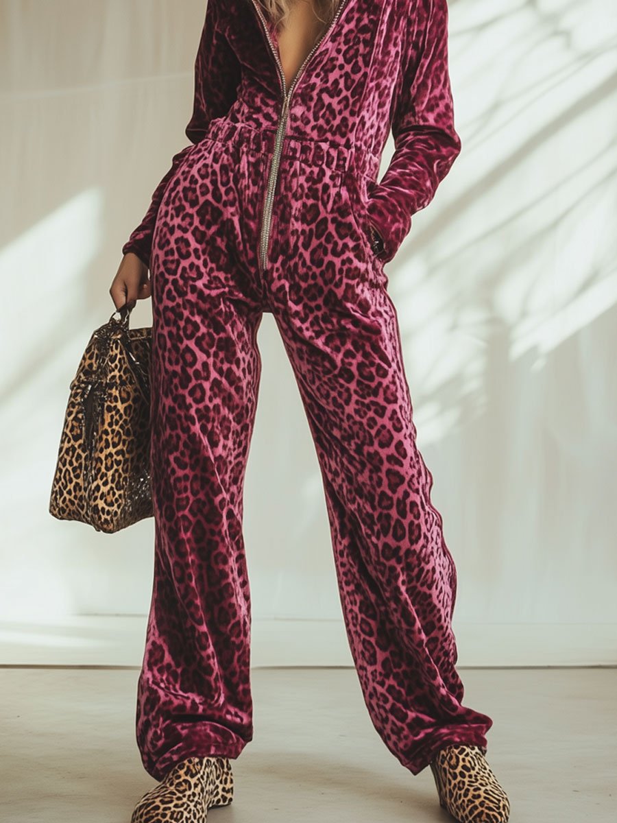 Casual Loose Retro Pink Velvet Leopard Print Elastic Waist Zipper Hooded Jumpsuit  - By Qivii