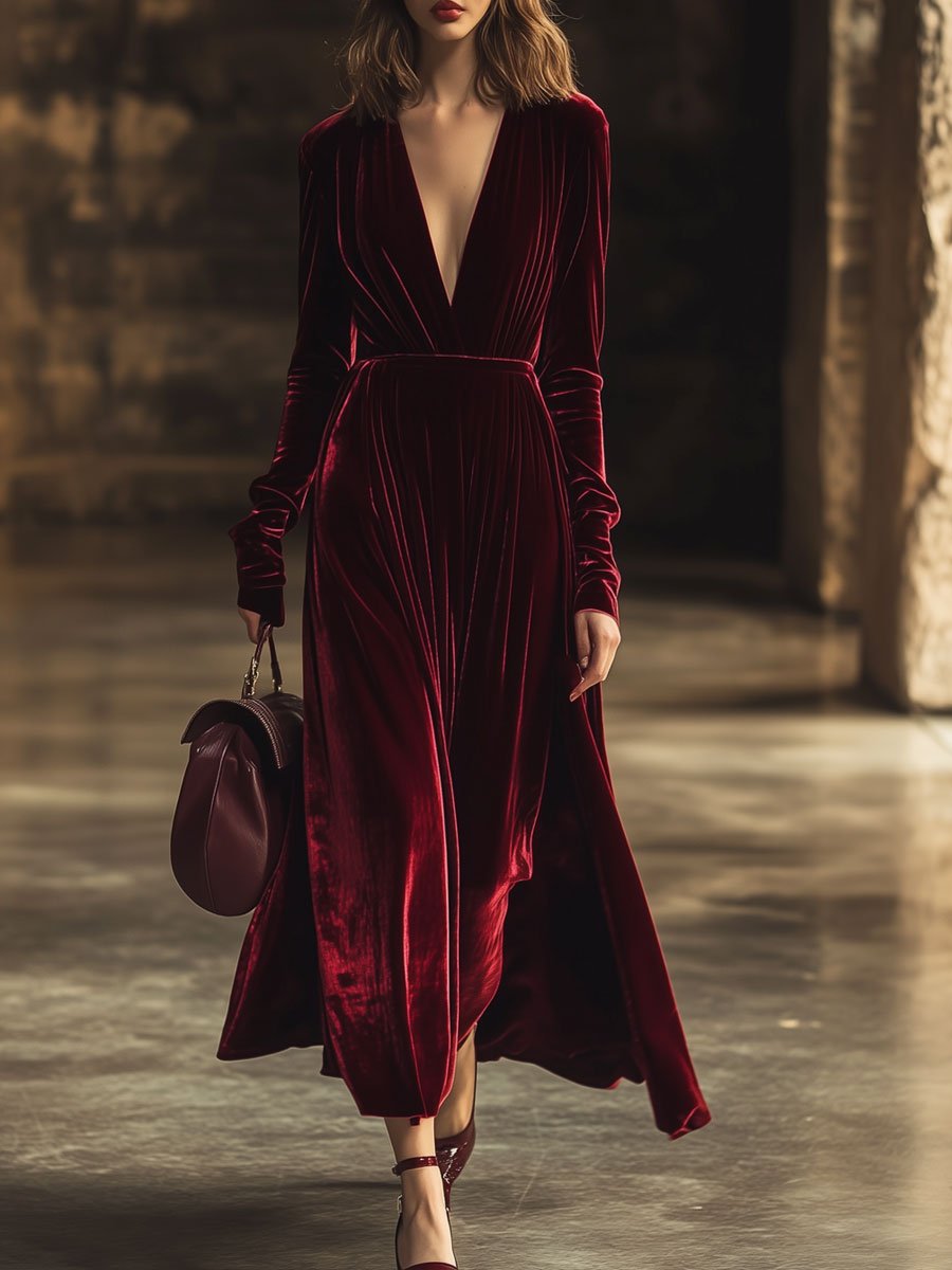V-Neck Retro Solid Color Velvet Long-Sleeved Midi Dress - By Qivii