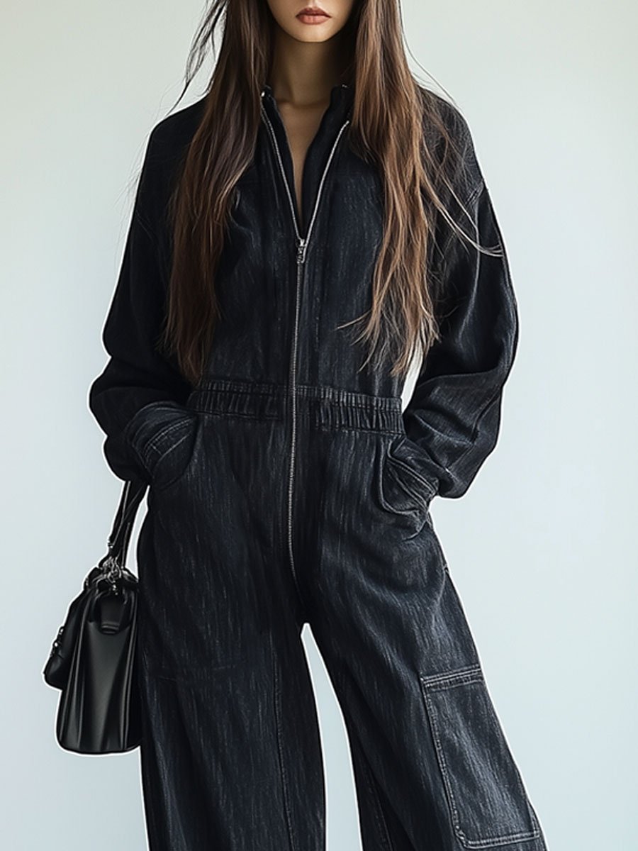 Casual Loose Retro Denim Zipper Elastic Waist Lapel Long Sleeve Jumpsuit - By Qivii