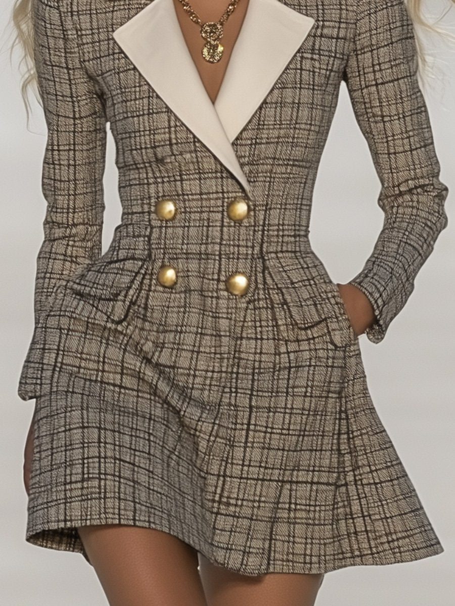 Classic and Fashionable Contrast Lapel Plaid Mini Dress - By Qivii