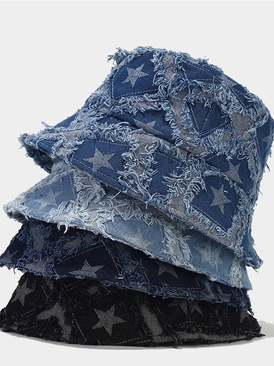 Casual Fashion Five-pointed Star Raw-edge Denim Bucket Hat  - By Qivii