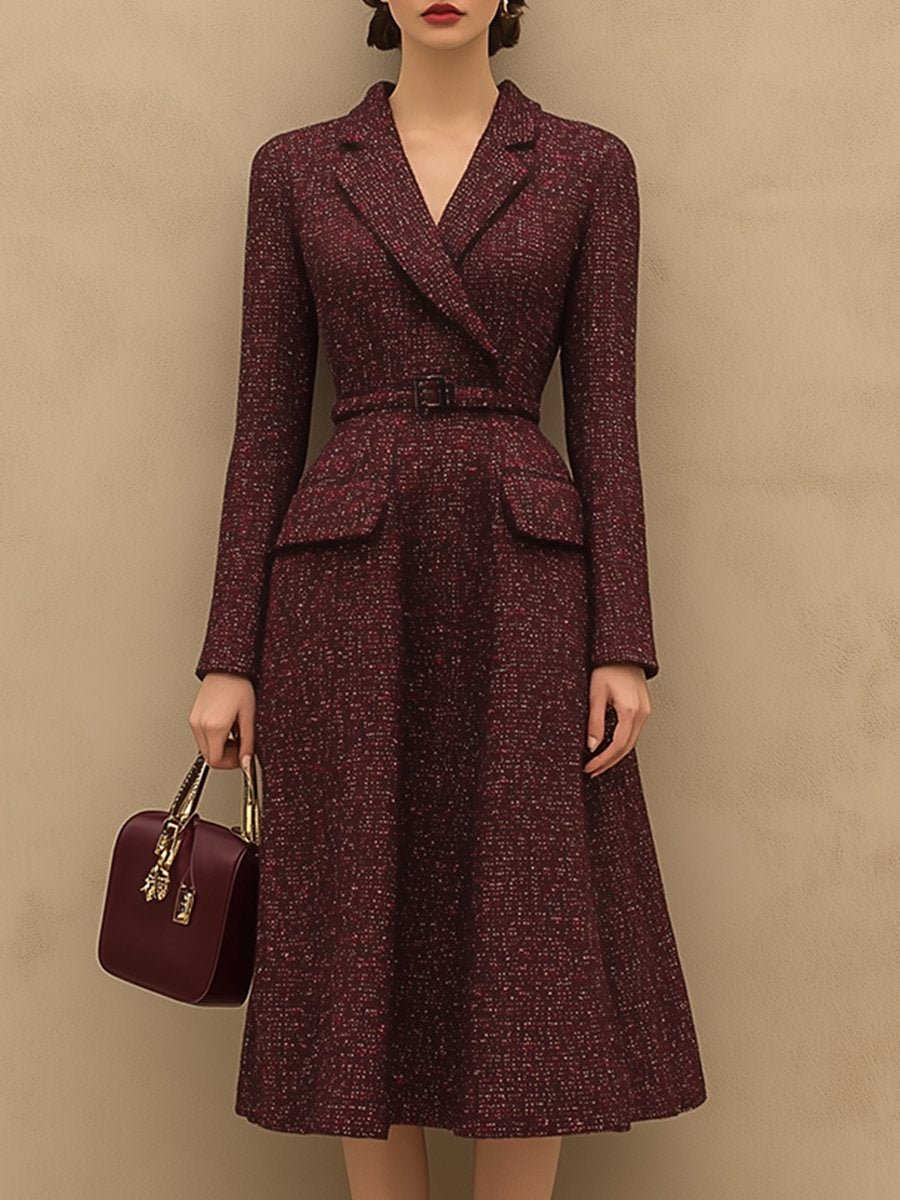 Vintage Elegant Ankola Red Tweed Lapel Dress - By Qivii