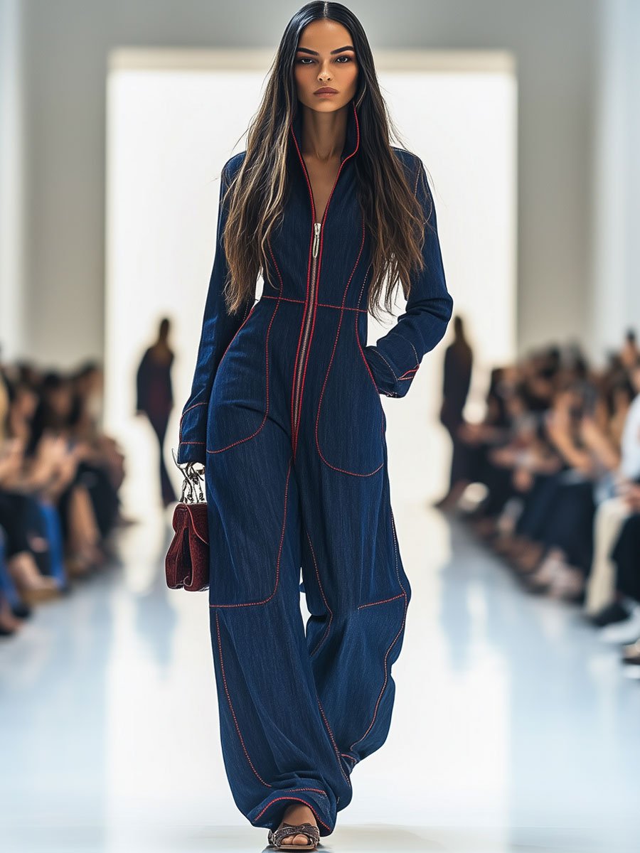 Casual Loose Retro Red Topstitched Denim Wide Leg Long Sleeve Jumpsuit  - By Qivii