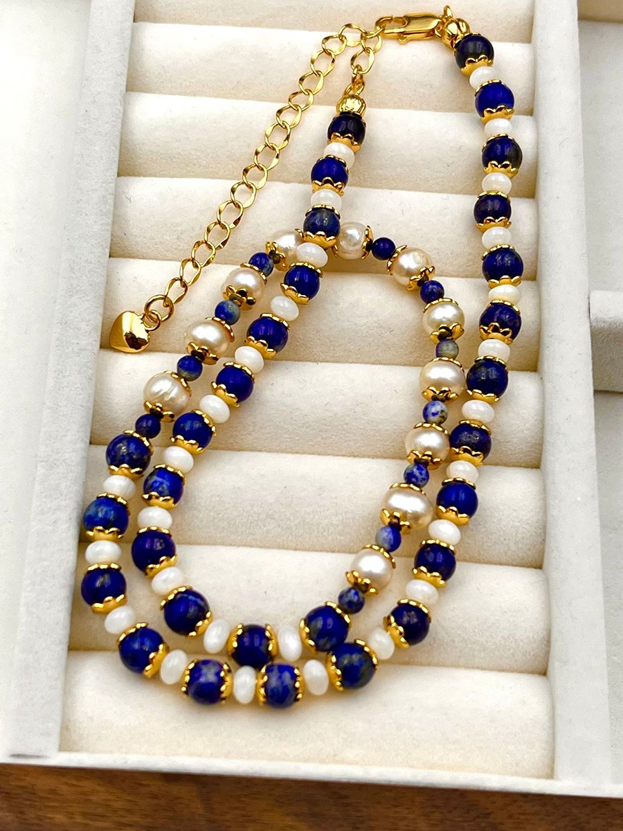 Vintage Natural Lapis Lazuli Pearl Fashion Necklace  - By Qivii