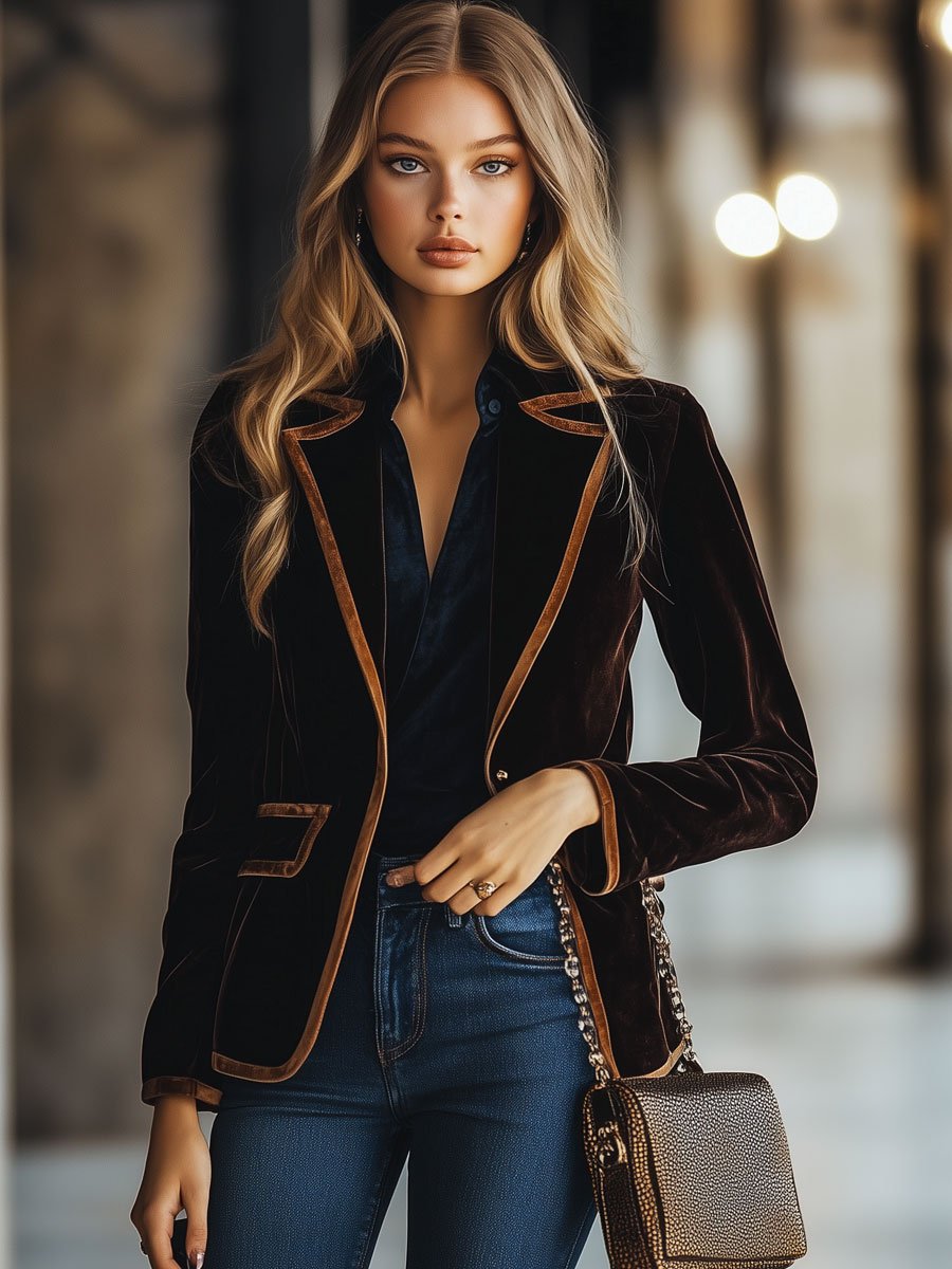 Casual Loose Vintage Velvet Colorblock Striped Pocket Blazer  - By Qivii
