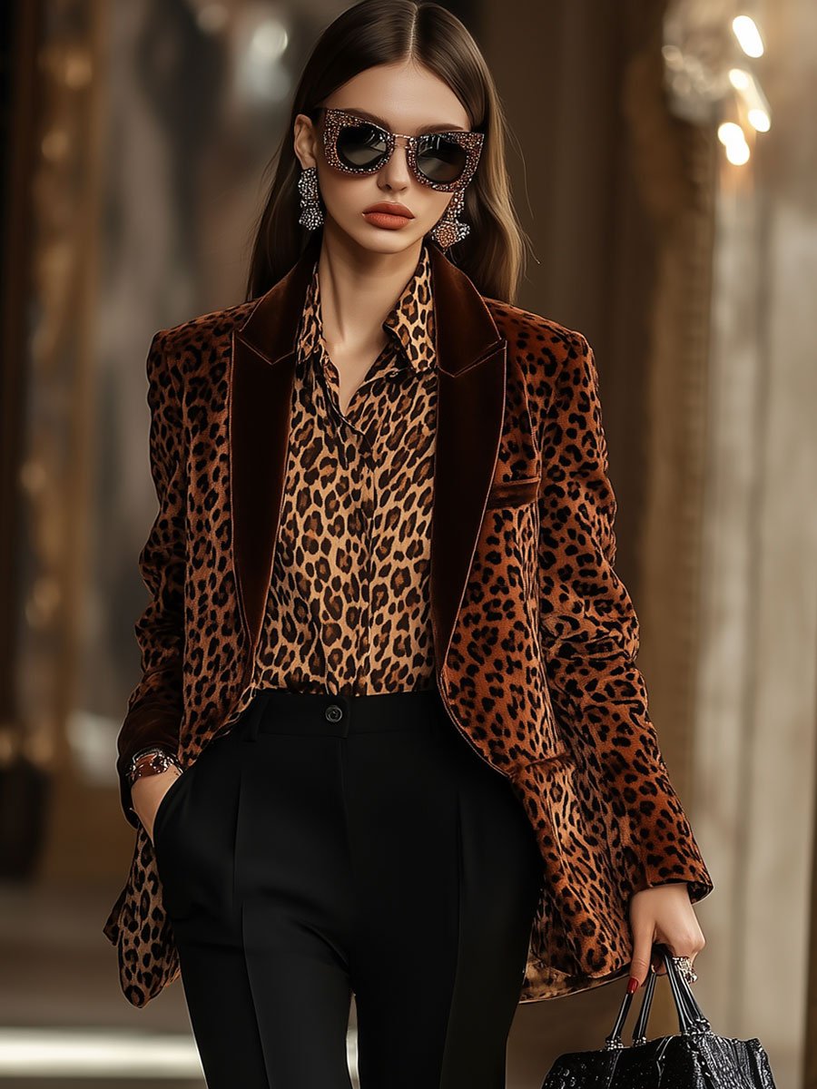 Casual Loose Retro Velvet Leopard Print Lapel Blazer - By Qivii