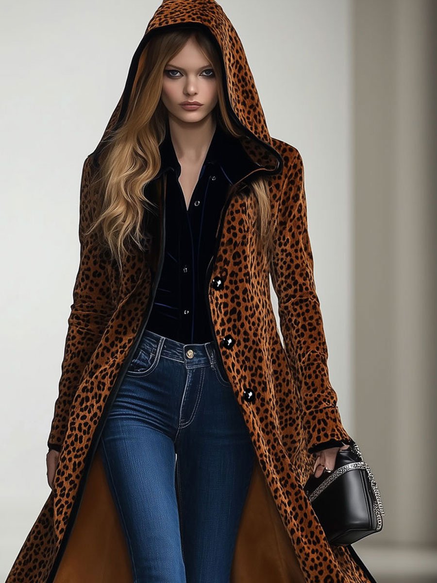 Casual Loose Vintage Velvet Leopard Print Black Trim Hooded Long Coat - By Qivii