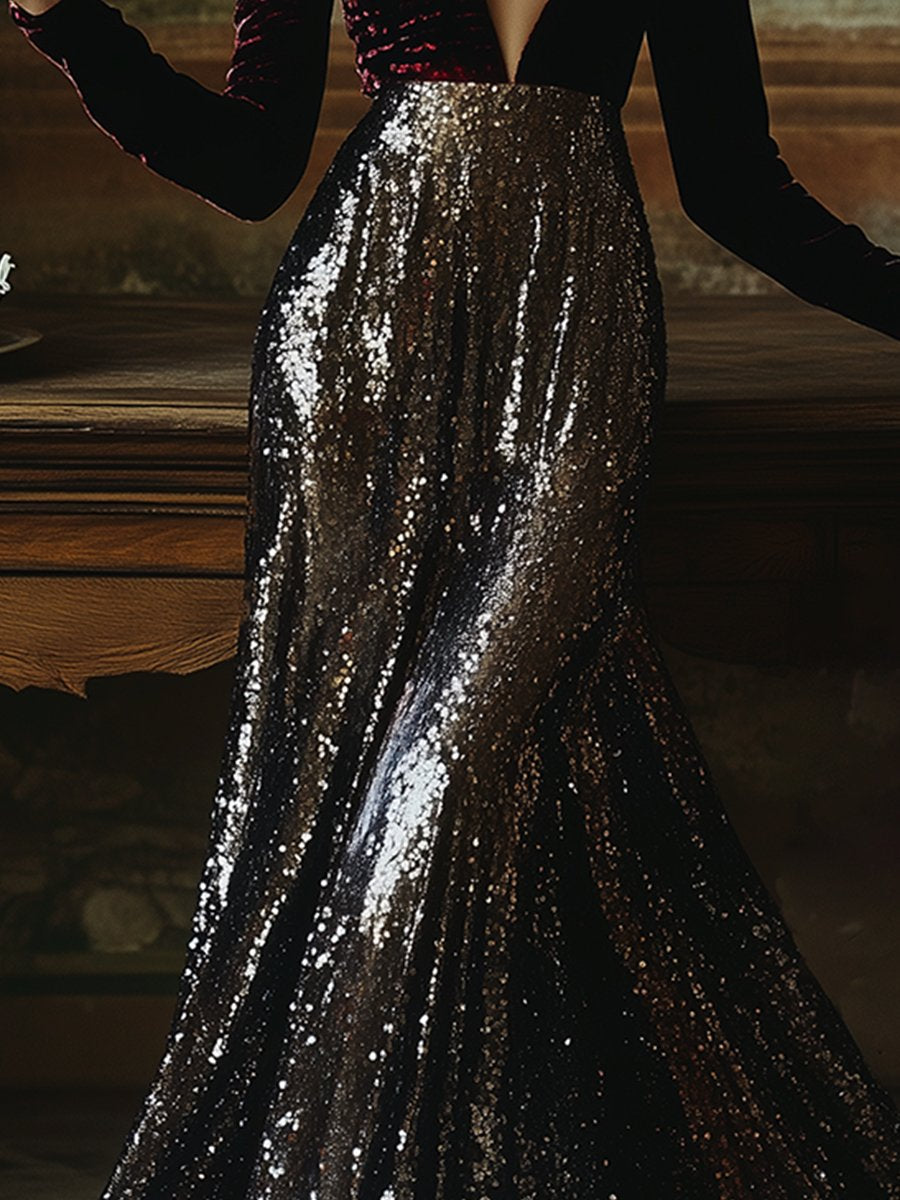 V-Neck Stylish Elegant Solid Color Velvet Sequined Long Maxi Dress - By Qivii