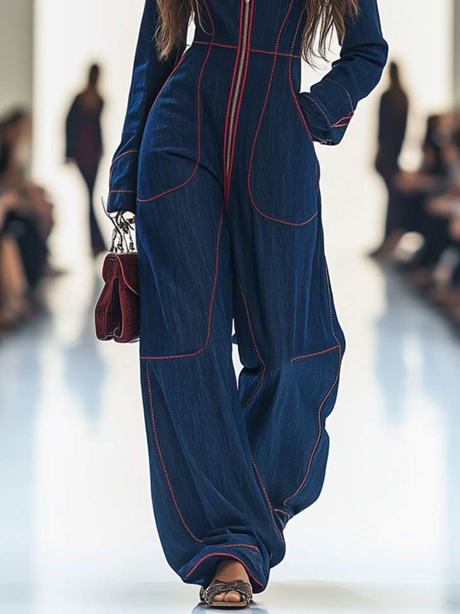 Casual Loose Retro Red Topstitched Denim Wide Leg Long Sleeve Jumpsuit  - By Qivii