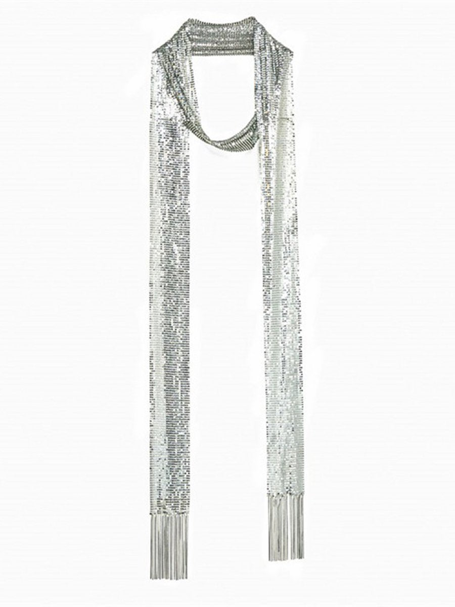 Elegant Textured Metal Sequin Long Scarf  - By Qivii