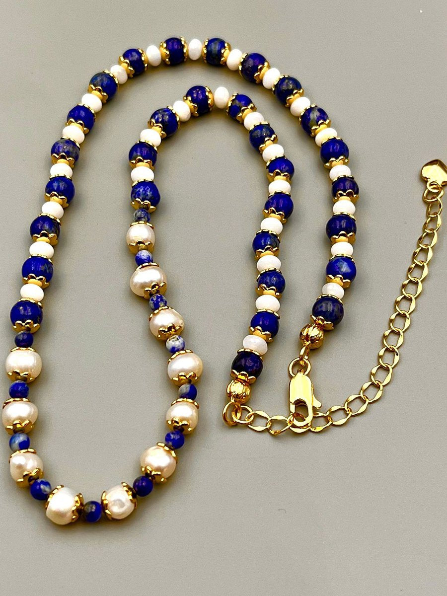 Vintage Natural Lapis Lazuli Pearl Fashion Necklace  - By Qivii