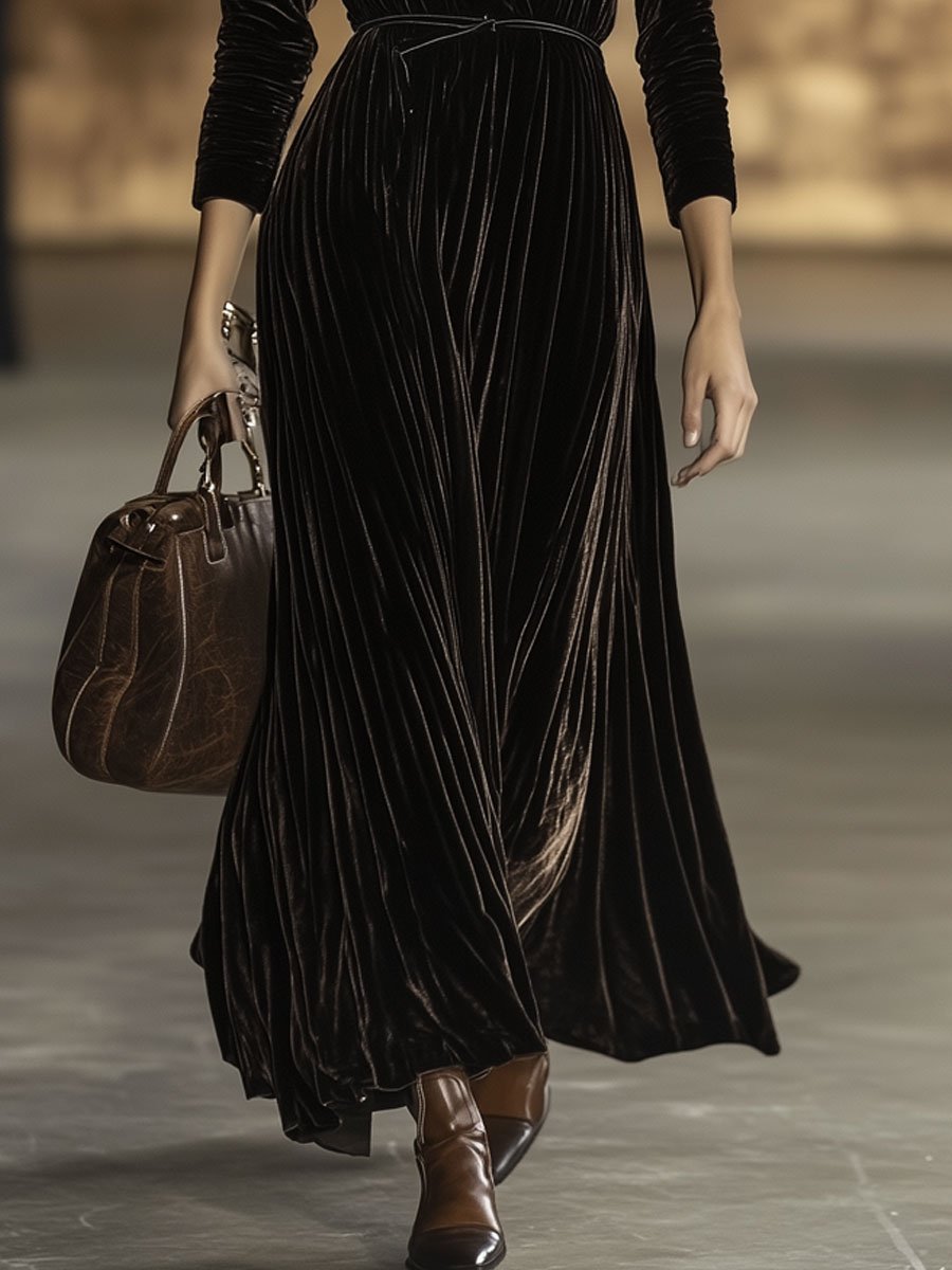 V-Neck Retro Solid Color Belted Velvet Long-Sleeved Maxi Dress - By Qivii