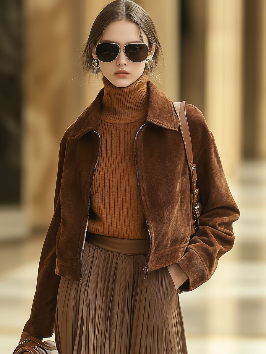 Casual Loose Solid Color Suede Zipper Pocket Short Jacket - By Qivii