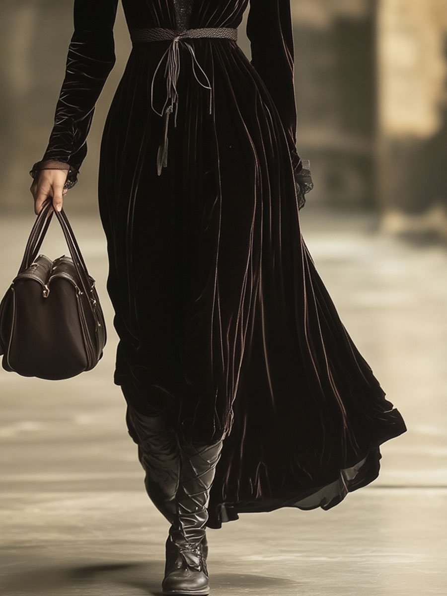 V-Neck Lace Panel Solid Velvet Long-Sleeved Maxi Dress  - By Qivii