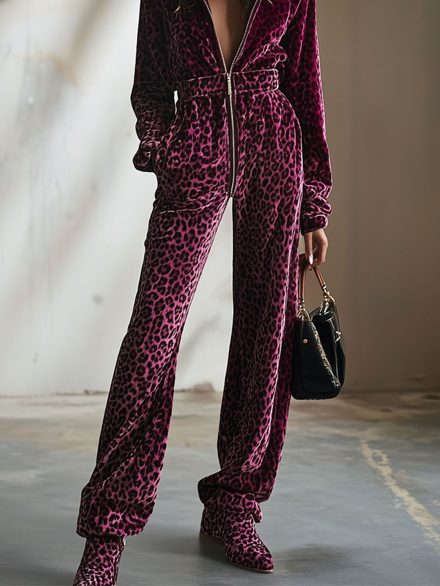 Casual Retro Purple Velvet Leopard Print Elastic Waist Zipper Hooded Jumpsuit - By Qivii