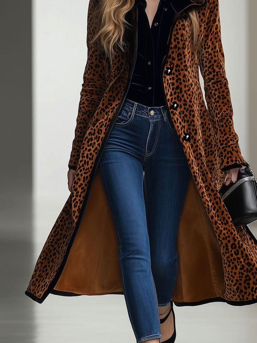 Casual Loose Vintage Velvet Leopard Print Black Trim Hooded Long Coat - By Qivii