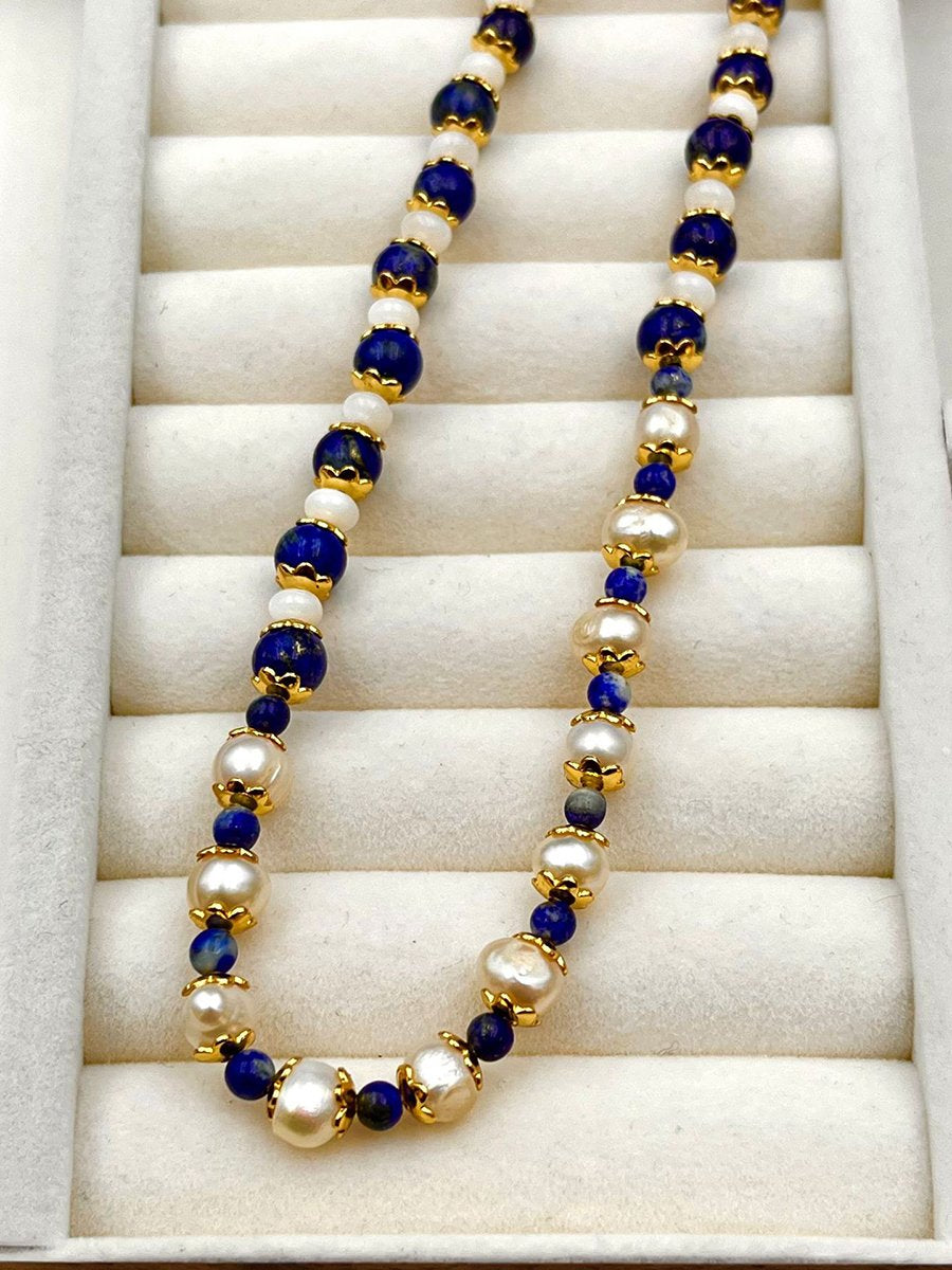 Vintage Natural Lapis Lazuli Pearl Fashion Necklace  - By Qivii