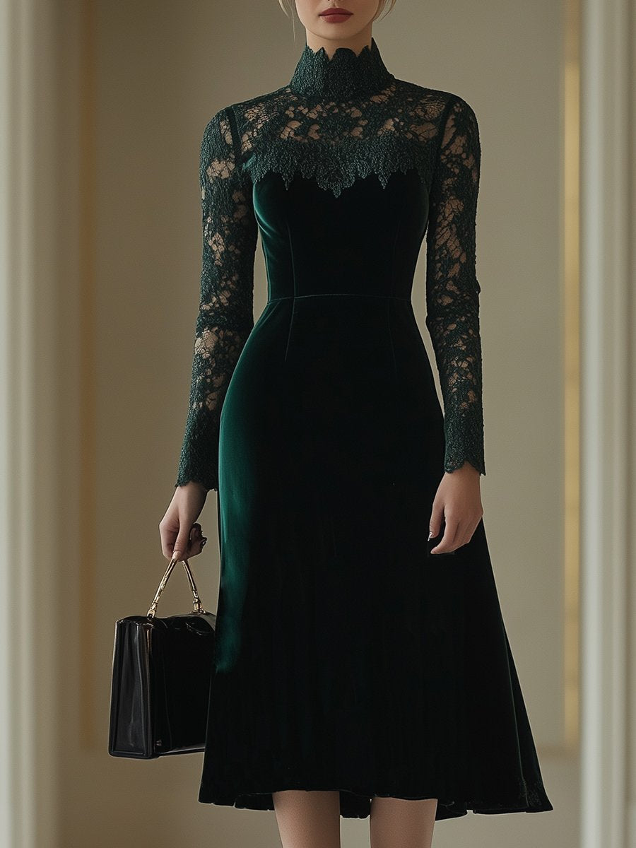 Elegant Retro Velvet Stitching Lace High Collar Long Sleeve Midi Dress - By Qivii