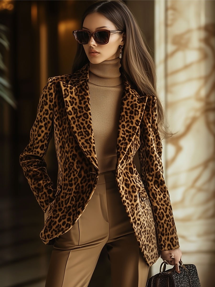Casual Vintage Velvet Leopard Print Lapel Pocket Blazer  - By Qivii