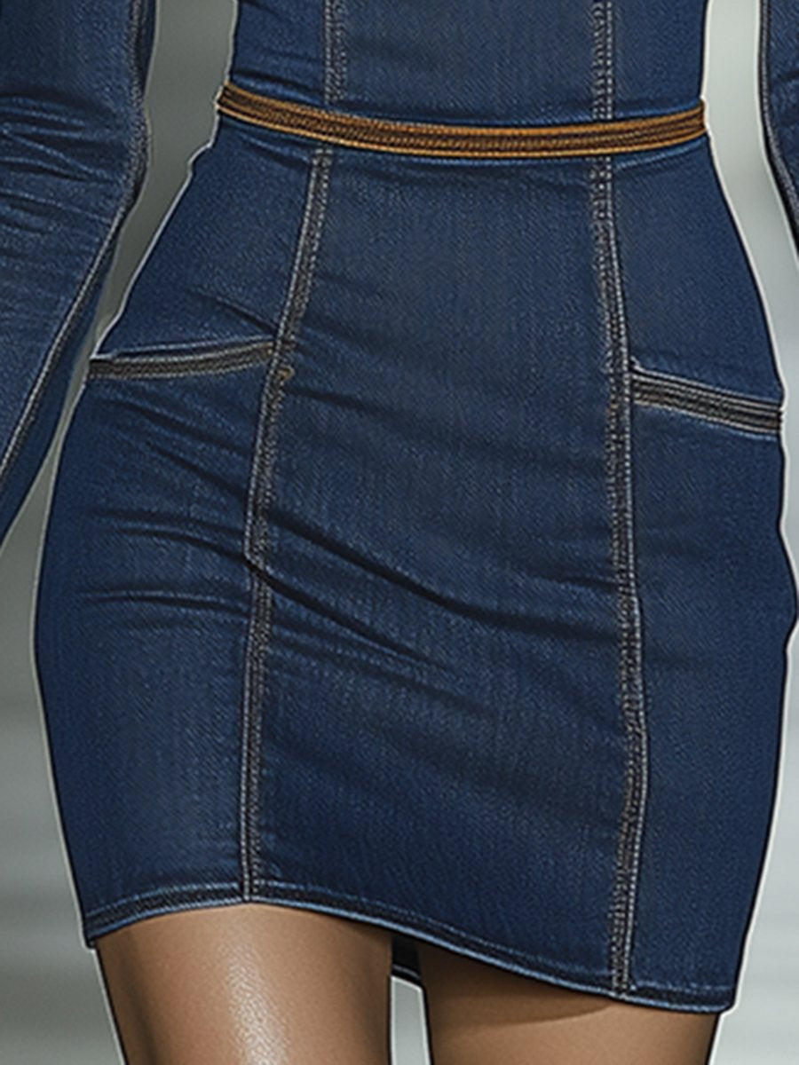 Retro Elegant Artistic Blue Denim Mini Dress  - By Qivii
