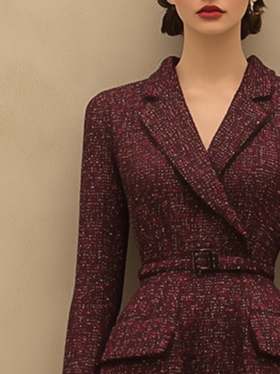 Vintage Elegant Ankola Red Tweed Lapel Dress - By Qivii