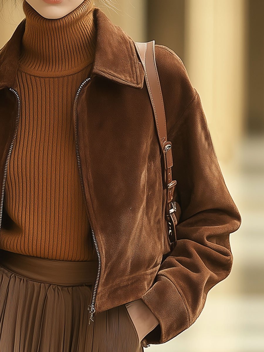 Casual Loose Solid Color Suede Zipper Pocket Short Jacket - By Qivii