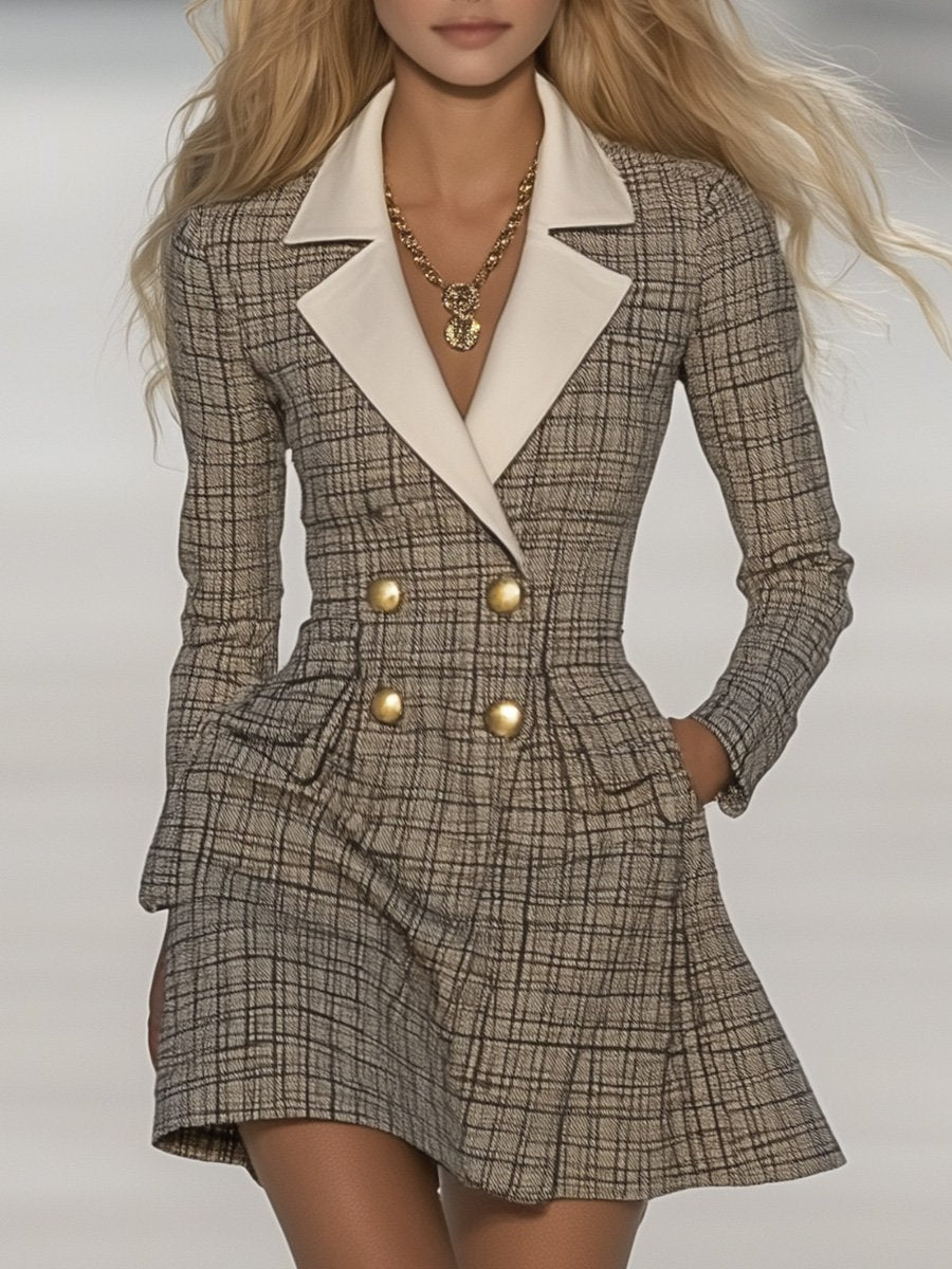 Classic and Fashionable Contrast Lapel Plaid Mini Dress - By Qivii
