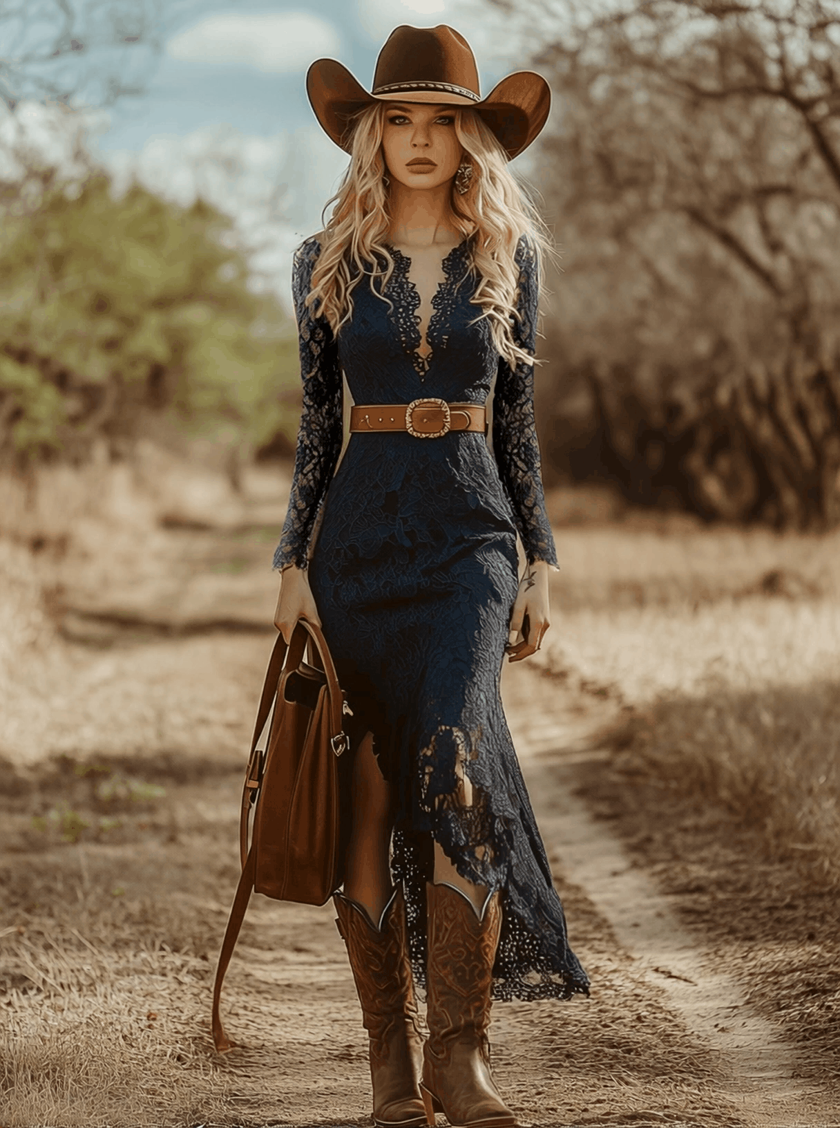Vintage Bohemian Blue Lace Long Sleeve Midi Dress  - By Qivii