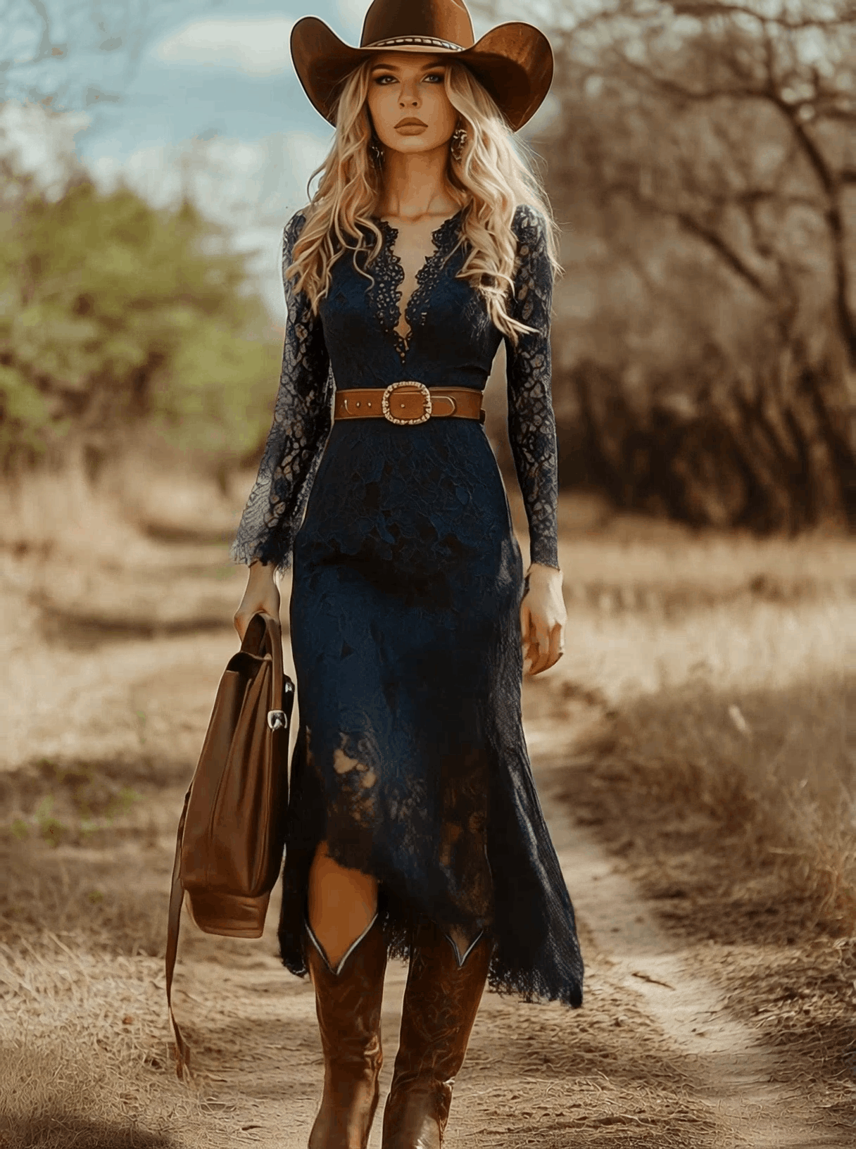 Vintage Bohemian Blue Lace Long Sleeve Midi Dress  - By Qivii