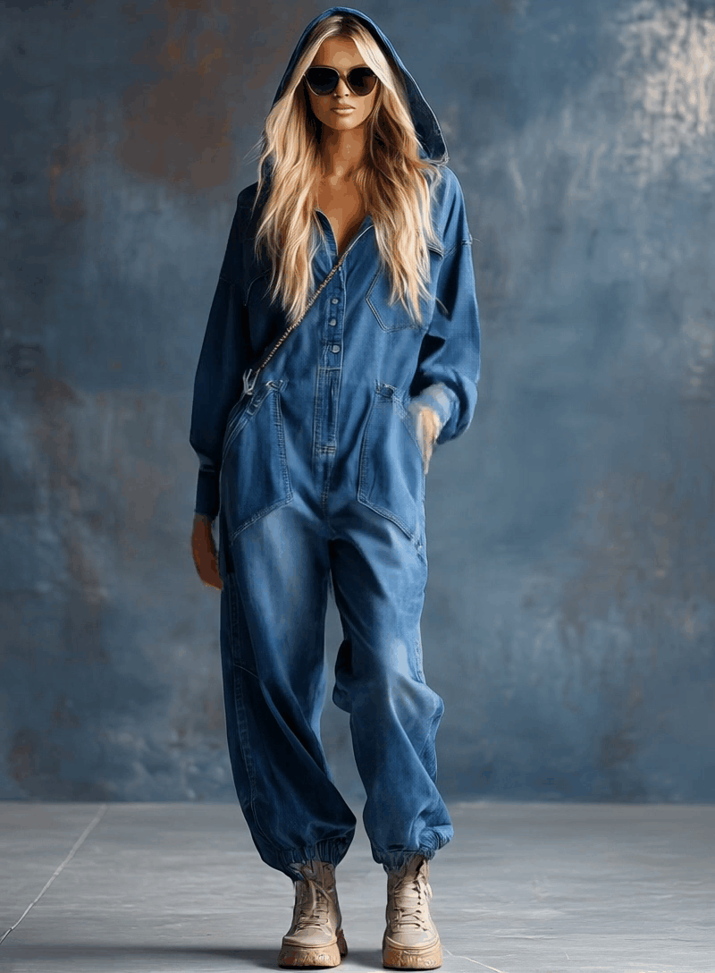 Casual Loose-fit Hooded Blue Denim Button-front Long-sleeved Jumpsuit  - By Qivii