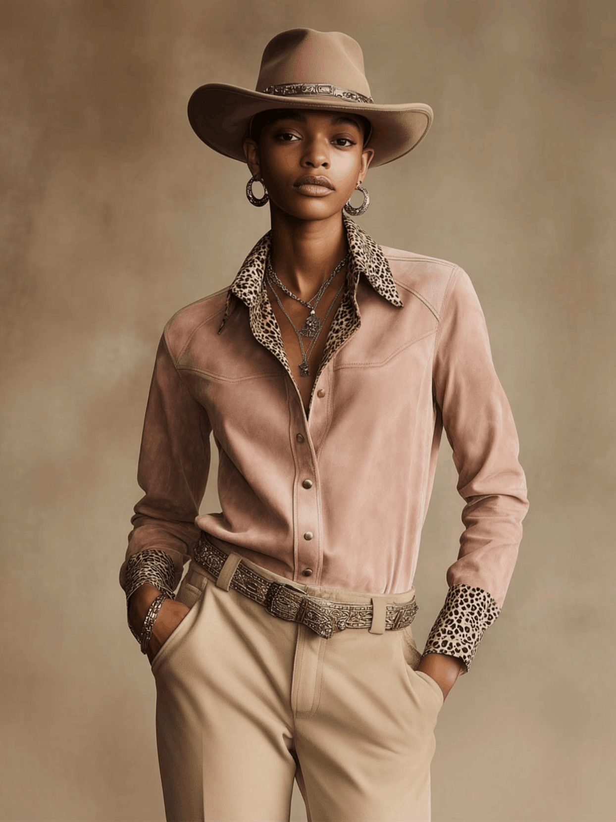 Western Retro Leopard Print Pink Faux Suede Long-Sleeve Shirt  - By Qivii