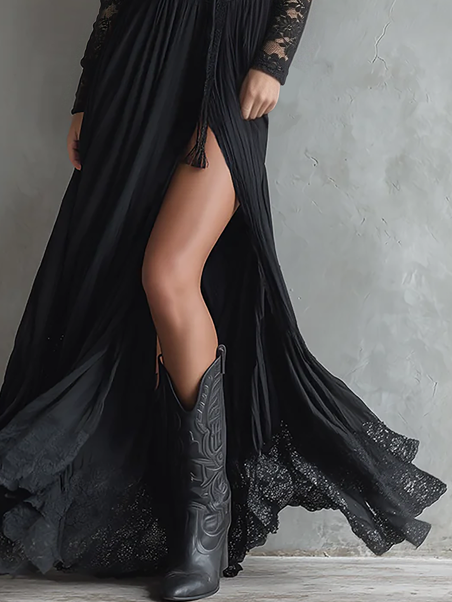 Stylish Western-style Lace-paneled Split Black Maxi Dress  - By Qivii