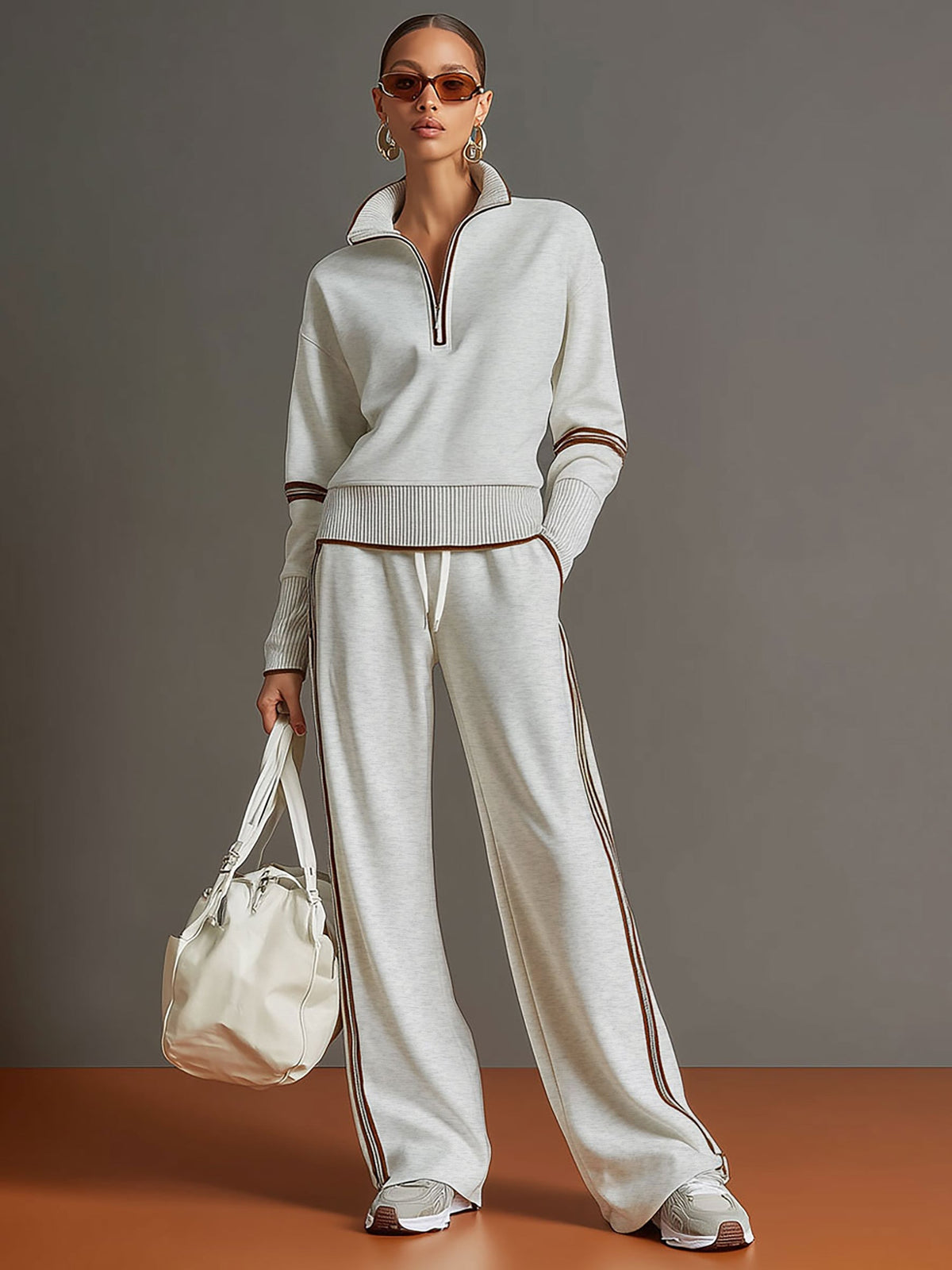 Retro Sporty Webbing Grey-white Half-zip Sweatshirt And Wide-leg Pants Set  - By Qivii