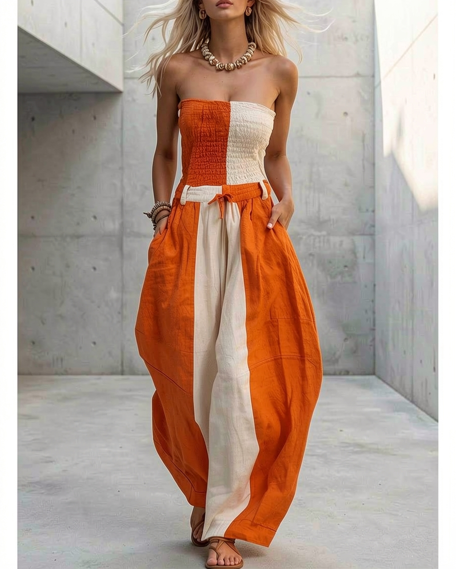Casual Fashion Strapless Orange And Off-White Contrast Cotton-Linen Jumpsuit  - By Qivii