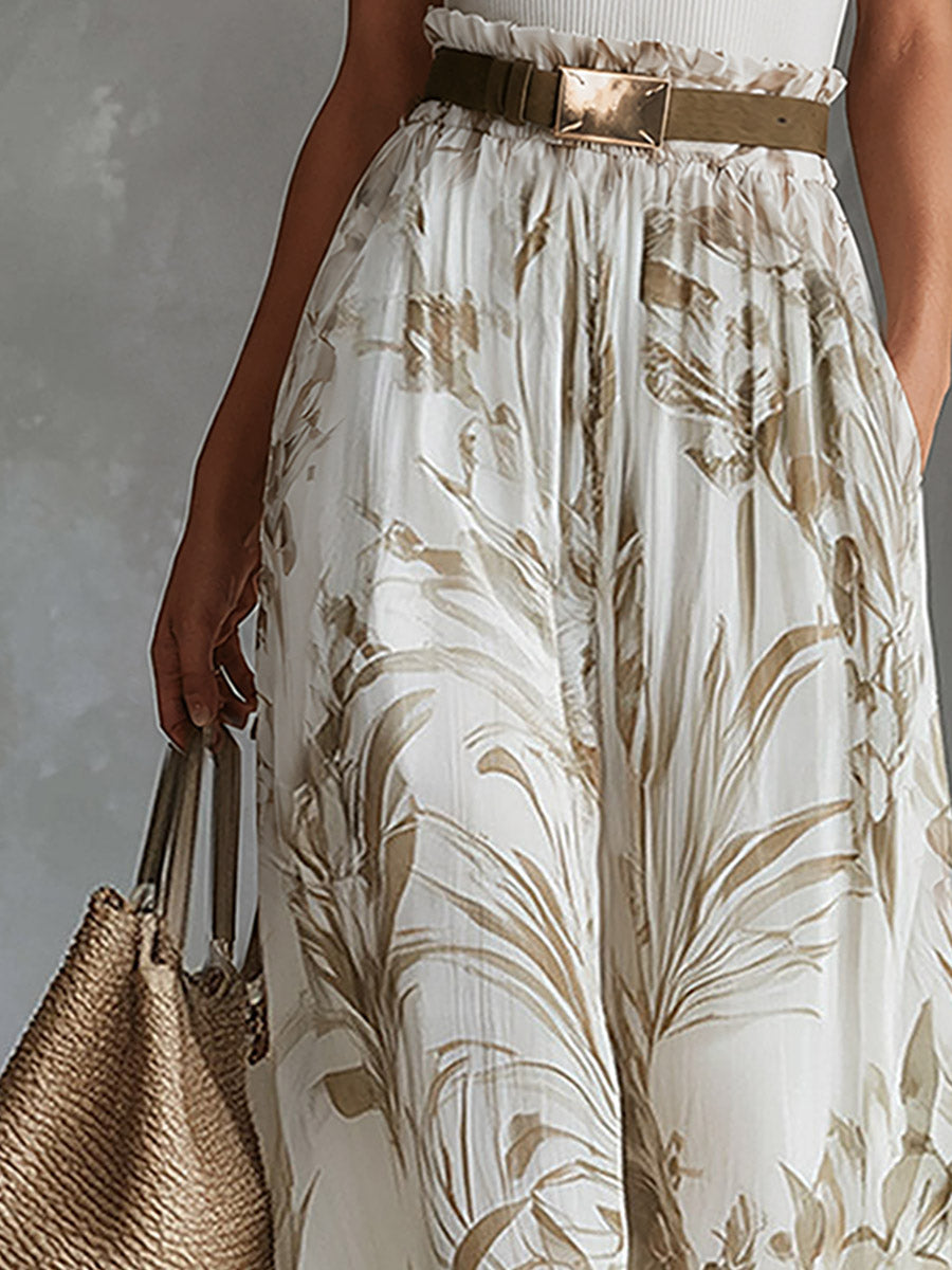 Elegant White  Printed Chiffon Wide-Leg Pants  - By Qivii